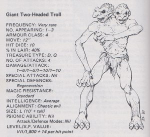 The giant two-headed troll as it appears in the AD&D Fiend Folio (1981). Created by Oliver Charles MacDonald. Art by Jeff Dee.
