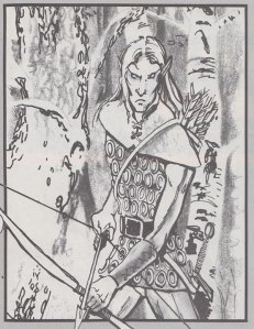 A tall elf wielding a bow and wearing ring mail armor, standing in the woods.